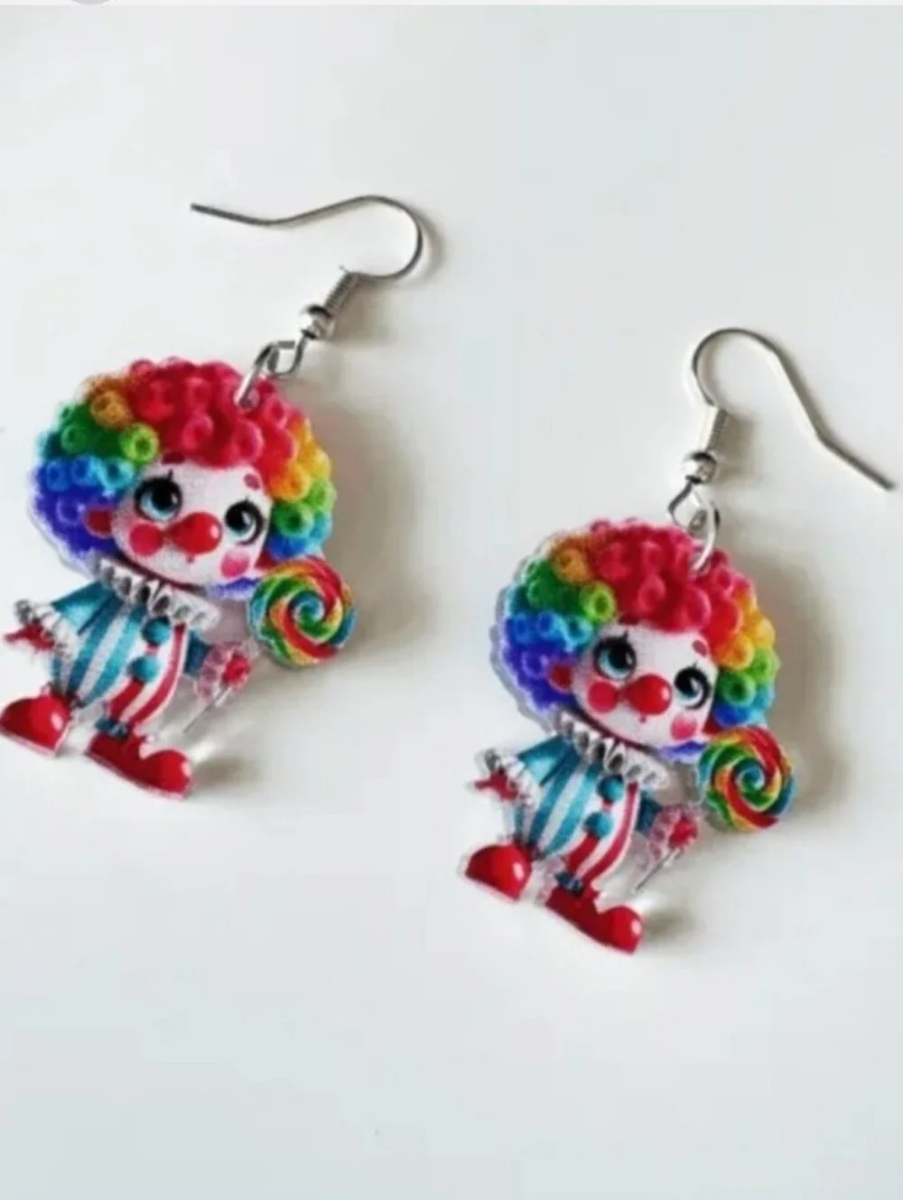 Rainbow Clown Dangle Earrings - Colorful Clown with Lollipop